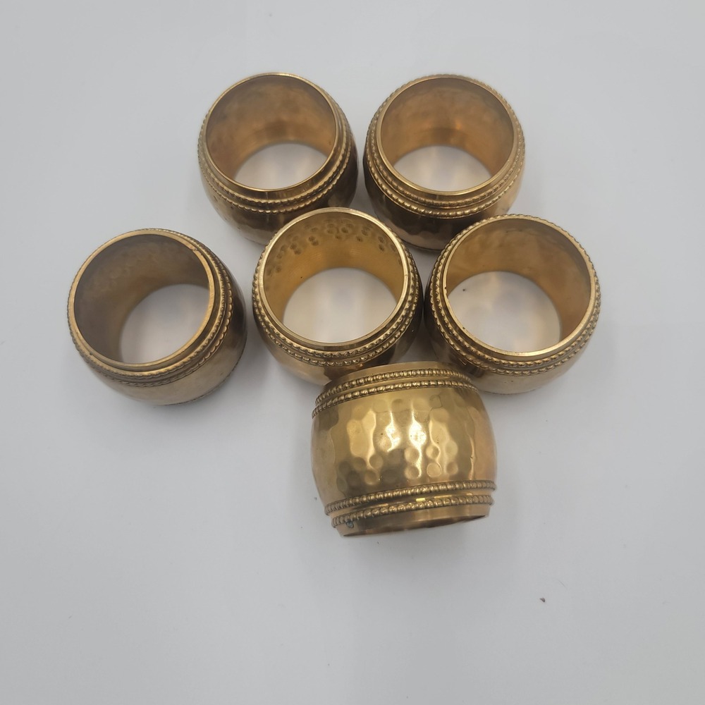 Vintage Hammered Brass Napkin Rings Set of 6 Gold Beaded Rope Edge Table Decor